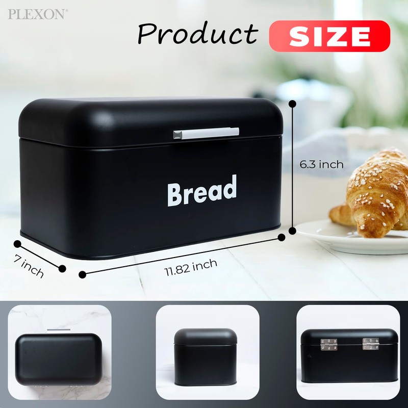 Plexon Black Bread Box for Kitchen Countertop with Lid, Metal