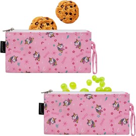 Reusable Sandwich Bag / Snack Bag for Kids, Dual Layer Lunch Bag with Handle, Washable, Food Safe, BPA Free (2-Pack, Unicorn )
