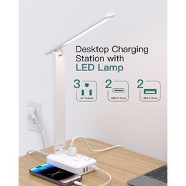 Addtam LED Desk Lamp, Power Strip with 3 Outlets 4 USB Charging Ports(2 USBC), 4 Modes 5 Level Brightness Touch Lamp, Small Desk Lamp for Home Office College Dorm Room Essentials, White