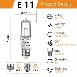 RUCHA E11 Halogen Buld, JDE11 120V 100W Dimmable Halogen Light bulds(Replacement E11 LED Buld), T4 Mini Candelabra Base, for Chandeliers, Candelabra,Ceiling Fan, Table Lamps, Cabinet Lighting, 4 Pack