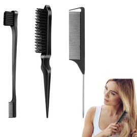 MUNZE Sleek Bun Brush Set, Double Edge Teasing Hair Brush and Rat Tail Comb, Bristles Haircut Hair Comb Care Edges for Hairdressers Women Baby Children Pack of 3