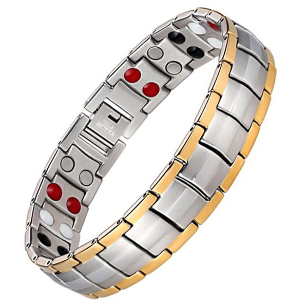 Feraco Mens Magnetic Bracelet Titanium Steel Magnetic Bracelet with Double Row 4 Elements Magnets (Silver & Gold)