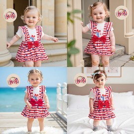 Bonangber My First 4th of July Baby Girl Outfit Short Sleeve Romper Stars Print Suspender Skirts Set Cute Infant 4th of July Outfit(F-White,12-18 Months)