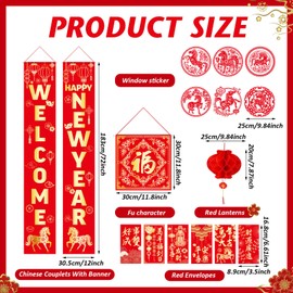 Marspark 20 Pcs Chinese New Year Decorations 2026 Set, Lunar Year Banner Decor Couplet Chunlian Fu Character Red Paper Lanterns Porch Sign Window Decor Envelope for Spring Home Office Festival Party