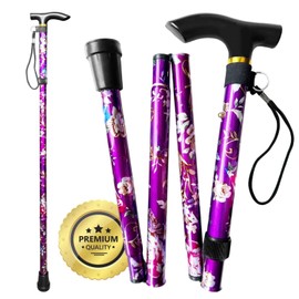 OrtoPrime Gehstock Klappbar Modern und Elegant für Damen und Herren - Höhenverstellbar - Faltbarer Gehstock mit Blumenmuster.