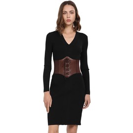 Hoerev Women's Girls Elastic Wide Band Elastic Tied Waspie Corset Waist Belt Bustiers Corsets, Brown with button