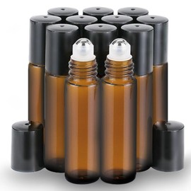 PrettyCare Roller Bottles For Oils 10 ml (Amber Glass, 12 Pack, 1 Extra Stainless Steel Balls, 12 Labels, 1 Opener, 1 Funnels Essential Oil Roller Bottles, Roller on Bottles
