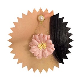 Cybche Boho Fabric Flower Dangle Earrings Pink Floral Drop Earrings Long Flower Pearl Earrings Bridal Large Flower Earrings Exaggerated Floral Earrings Jewellery For Women, Zinc, No Gemstone