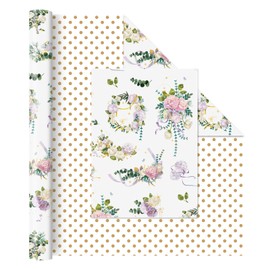 WERNNSAI Wedding Wrapping Paper Roll - 1 Roll 17”x 33 ft Reversible Floral Gift Wrapping Paper Holiday Gift Wrap Present Paper for Bridal Shower Engagement Spring Polka Dot Design Wedding Party Favor
