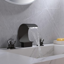 BANGPU Bathroom Sink Faucet 3 Hole Widespread Waterfall Bathroom Faucets with Crystals Handles Basin Mixer Tap 8-Inch High Arc Vanity Faucet with Supply Hose, Matte Black