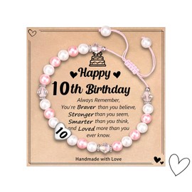 Onperpoe Pearl Bracelet Gifts for 10 Year Olds Girls Birthday Gifts for Girls Age 10, Pink White Beaded Bracelets 10 Year Old Girls Jewellery Girls Bracelets Cool Presents for 10 Year Olds Girl