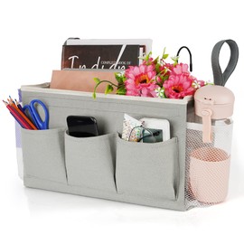 Lilithye Bedside Storage Organizer with Fixed Straps and Water Bottle Holder for Home, College, Dorm, Bunk / Hospital Bed, Crib Bed Rails (Grey)