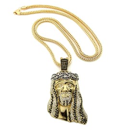 NYFASHION101 Iced Out Crown of Thorns Jesus Pendant with 36" Franco Chain Necklace, Clear/Black Gold-Tone MP424GT-CRBK