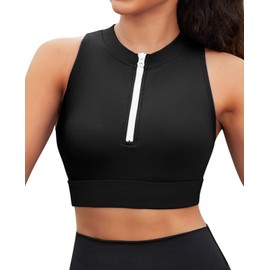 beautyin Bikini Tops for Women Front Zipper Ribbed High Neck Sports Swim Tops Only, Black, Small