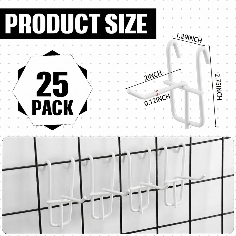 25 Pack Grid Wall Hooks, 2 Inch White Gridwall Hanger