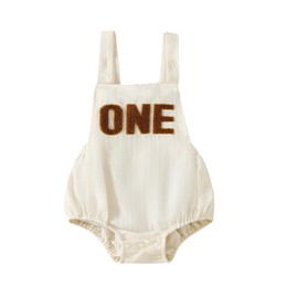 HZPHQY Baby Boy Girl 1st Birthday Cotton Romper One Letter Embroidery Sleeveless Summer Clothes One Piece Short Jumpsuit Bodysuit First Overalls Outfit (A Beige, 9-12 Months)