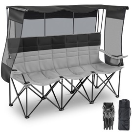 3 Person Camping Chair with Canopy Shade Fully Padded Folding Outdoor Oversized Camping Sofa for 2-3 Person, Heavy Duty Couch with Cup Holder and Carry Bag for Lawn Camp Fall Outdoor Activities