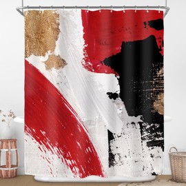 Riyidecor Red Black Gold Shower Curtain for Bathroom Decor 60Wx72H Abstract Modern Minimalist Aesthetic Oil Painting Simple Neutral White Art Printed Fabric Polyester Waterproof 12 Pack Plastic Hooks