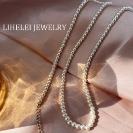 LIHELEI Pearl Necklace, 4/6/8 mm Pearl Necklace, Long Chain Pearl Necklace for Women, Silver Imitation Pearl Necklace, Pearl Orb Choker, Pearl Necklace Women's Pearl Necklace Men - 38-75 cm, Pearl,