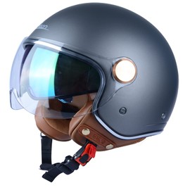 BEON Half 3/4 Face Motorcycle Helmet, DOT Approved, Retro Vintage Style, Dual Visors Men’s and Women’s Motorbike Casco for Moped Cruiser Bobber and Chopper (M, Matte Matallic Grey)