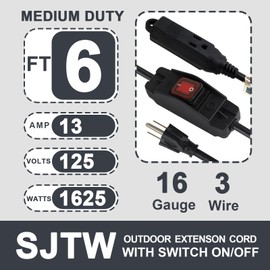 EP 6 Ft Inline Extension Cord with On-Off Switch, 16/3 SJTW Heavy Duty Short Extension Cable with 3-Prong, 3 Outlet Household Switchable Power Cord, Black
