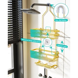 HapiRm Shower Caddy over Shower Head with 2 Soap Holders, Rustproof & Waterproof Hanging Bathroom Organizer with 12 Hooks, No Drilling Hanging Bathroom Caddy - Gold