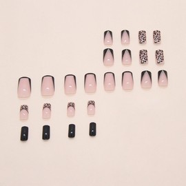 Leopard Print Nail Press ons French Tip Fake Nails Black Press on Nails Glossy Full Cover Glue on Nails Medium Square False Nail Reusable Artificial Acrylic Stick on Nail for Women Manicure 24Pcs