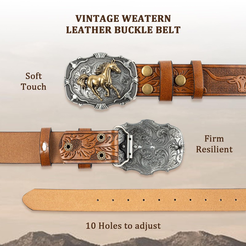 GENEMEN Western Cowboy Horse Buckle Belt for Men Women Cowgirl