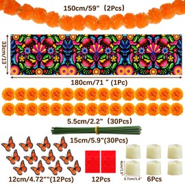 83pcs Dia De Los Muertos Decorations Ofrenda Kit - Day of The Dead Altar Decor Set,2 Marigold Garland 30 Marigold Flowers & Stems,Table Runner,12 Monarch Butterfly 6 Candle (Table Runner-Flower)