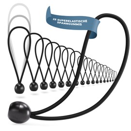 TALVANI 25 | 50 Professional Bungees with Ball - 200 mm Black White - Tarpaulin Tensioner Set for Attaching Tarpaulins - Rubber Tensioner for Trampoline, Trailer Tarpaulin, Tent - Tension Rubber