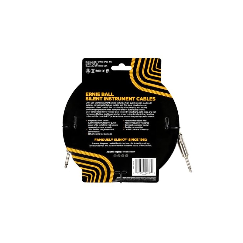 Ernie Ball Classic Cable para Instrumentos Silencioso, Recto/Recto 6m -