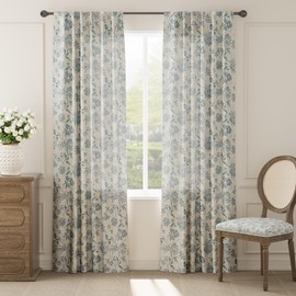 Vangao Linen Blend Blue Floral Curtains for Bedroom, 84 Inch Length Printed Flower French Country Curtains for Living Room Light Filtering Drapes, Rod Pocket Window Treatments, 2 Panels Blue