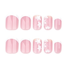 White French Tip Press on Nails Short Square Flower Fake Nails with Designs Spring Light Pink False Nails Glossy Gel Acrylic Nails Full Cover Glue on Nails Cute Floral Stick on Nails for Women 24Pcs