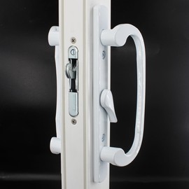 Hyneesun Patio Door Handle 3-15/16 Inch(10cm) Hole spacing （Right and Left Handed）(fit for 45degree Mortise Lock) Non-keyed (Centered, White)