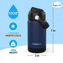 Ntswasd Kids Insulated Water Bottle with Straw,12 oz Kids Cups with Stainless Steel Leak Proof for School Daycare Boys Girls(Blue)