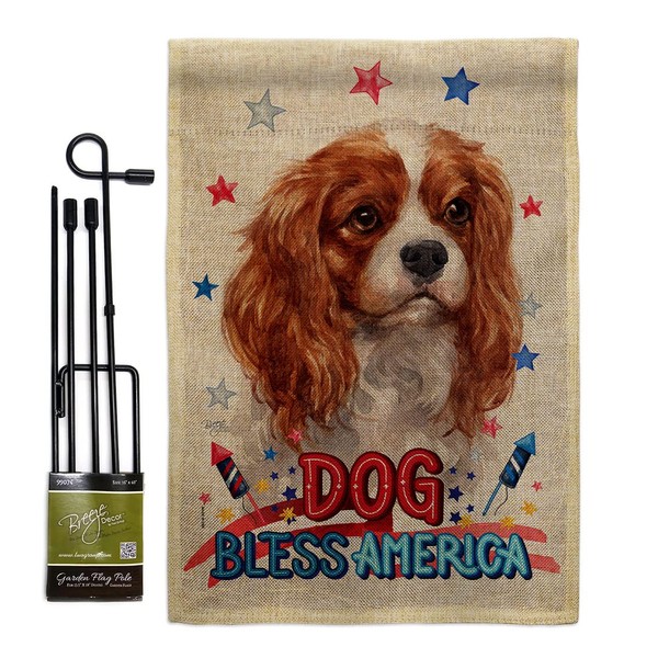 Patriotic Charles Spaniel Burlap Garden Flag Set with Stand Animals