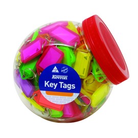 Kevron 56x30mm Blue Key Tags with Labels Pack of 100 in Display Box for Identification, Security, Luggage, Pet Names, Memory Sticks, Home & Office