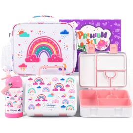 rockpapa 5 Compartment Bento Lunch Box for Kids with Uensils & Insulated Water Bottle & Lunch Bag with Strap, BPA-Free Lunch box Containers Set for School Boys Girls Ages 3+ (White Rainbow)