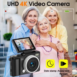 Digital camera, 4K 64MP Compact Digital Camera with Autofocus and Macro Function, 180° flip-up screen portable selfie cameras for photography and video with 32GB Micro SD Card for Beginners Teens