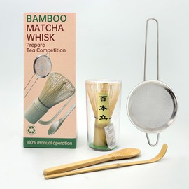 HYSHLC Matcha Whisk Set 4-Piece, Japanese Bamboo Chasen, Chashaku Scoop, Tea Spoon, Stainless Steel Sieve, Premium Traditional Matcha Tea Making Gift Set