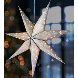 BRUBAKER Christmas Star for Hanging with E14 Socket - 60 cm Paper Star Set with 3.5 m Cable - 3D Advent Star - Window Decoration Luminous Star Hanging - Silver