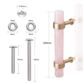 KYEYGWO 2 Pcs Natural Rose Quartz Crystal Cabinet Knobs with Screws, Polished Gemstone Pulls Brass Handles for Cupboard Drawer Dresser Wardrobe