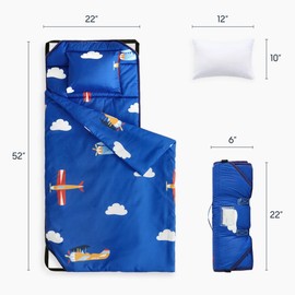 Wake In Cloud - Cot Nap Mat with Pillow and Blanket, for Toddler Kids Boys Girls in Daycare Kindergarten Preschool Pre K with Elastic Corner Straps, Aircrafts Airplanes Clouds Sky on Blue