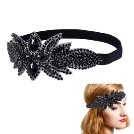 AHANDMAKER Flower Rhinestone Headpiece, Elegant 1920s Flapper Headpiece, 20's Theme Party Carnival Set Rhinestone Headband for Women Wedding Prom Costume Tea Party, Black