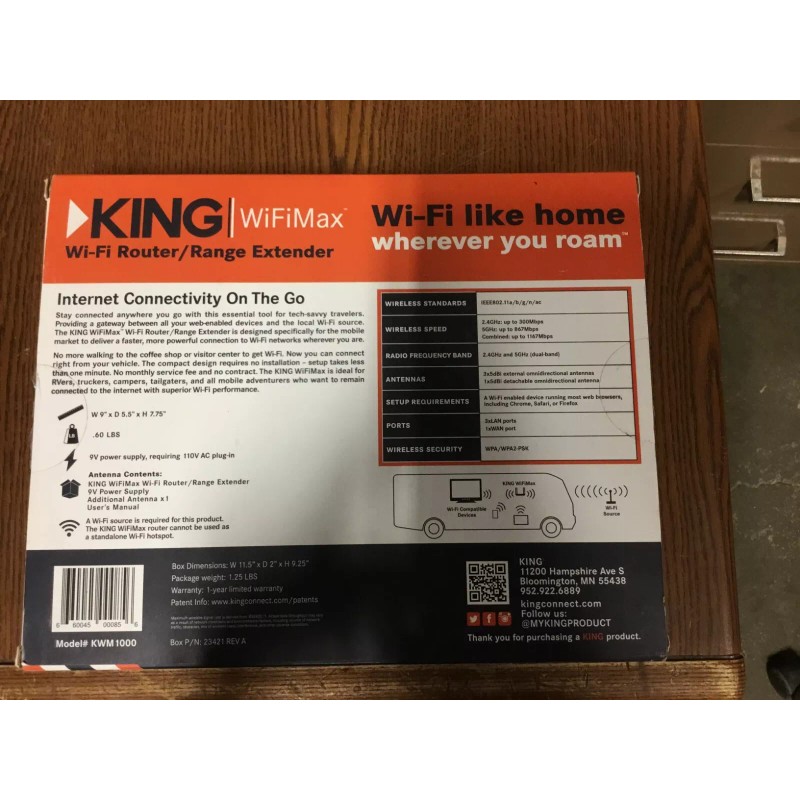 King WiFiMax Wi-Fi Router/Range Extender KWM1000 (ST)