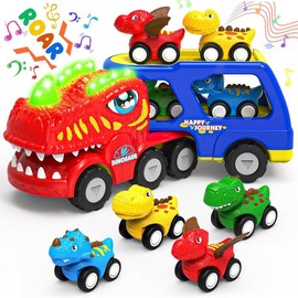 Toddler Car Toys for 1 2 3 4 Year Old Boy Kids Toys, 5-in-1 Dinosaur Transport Carrier Trucks Toys for Boys 1-3 with Sounds & Lights, Toddler Toys for Boys 1-2 2-4 Dinosaur Toys for Kids 3-5 4-6 - Colour: Red