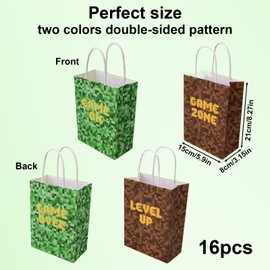 16pcs Party Gift Bags, Double-Sided Pattern Game Theme Candy Snack Bags Kraft Paper Favor Packaging with Handles for Girls Boys Birthday Baby Shower Party Supplies