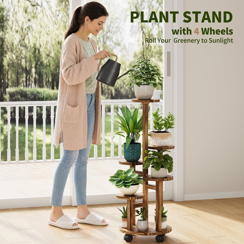 Uneedem 5 Tier Plant Stand Indoor with Wheels, Wood Tall