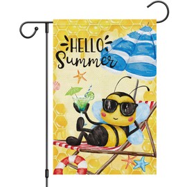 Heyfibro Hello Summer Garden Flag 12x18 Double Sided Burlap Spring Summer Bee Small Yard Flags Summer Lemon Juice Banner for Seasonal Outside Outdoor Seaside Decoration (ONLY FLAG)