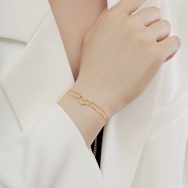 Gold Plated Bracelets for Women, 925 Sterling Silver Bracelet Heart Bracelet Double Chain Adjustable 18+5CM Women's Gift